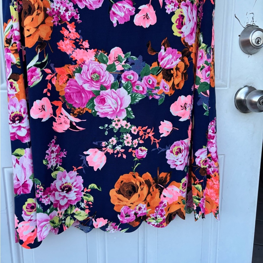 12 Pm By Mon Ami Navy Floral Midi Dress with Pink & Orange Blooms - Picture 2 of 7